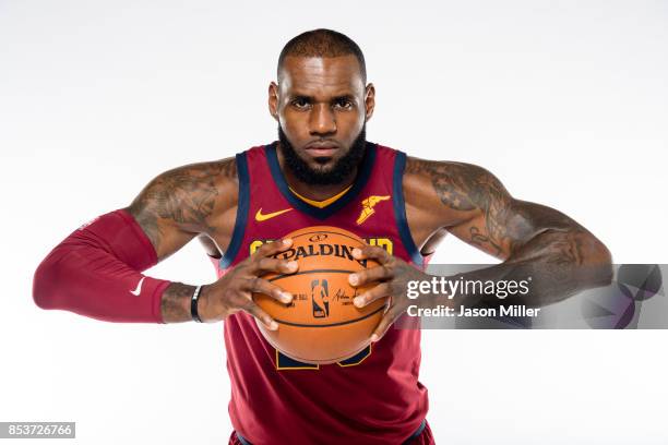 LeBron James of the Cleveland Cavaliers poses during media day at Cleveland Clinic Courts on September 25, 2017 in Independence, Ohio. NOTE TO USER:...