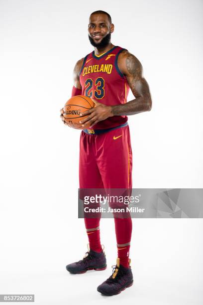 LeBron James of the Cleveland Cavaliers poses during media day at Cleveland Clinic Courts on September 25, 2017 in Independence, Ohio. NOTE TO USER:...
