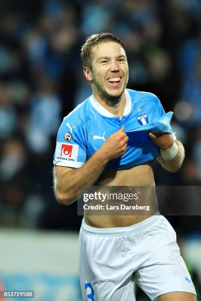 Anton Tinnerholm of Malmo FF celebrate his 6-0 goal during the Allsvenskan match between Malmo FF and IF Elfsborg at Swedbank Stadion on September...