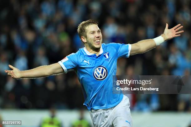 Anton Tinnerholm of Malmo FF celebrate his 6-0 goal during the Allsvenskan match between Malmo FF and IF Elfsborg at Swedbank Stadion on September...