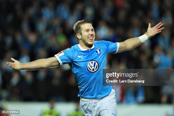 Anton Tinnerholm of Malmo FF celebrate his 6-0 goal during the Allsvenskan match between Malmo FF and IF Elfsborg at Swedbank Stadion on September...