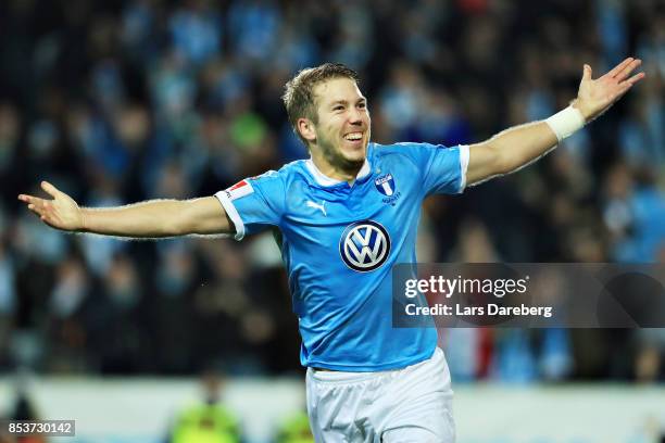 Anton Tinnerholm of Malmo FF celebrate his 6-0 goal during the Allsvenskan match between Malmo FF and IF Elfsborg at Swedbank Stadion on September...