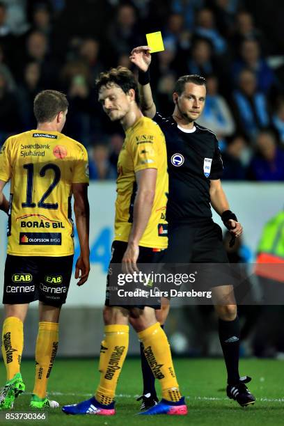 Referee Andreas Ekberg give Jorgen Horn of IF Elfsborg during the Allsvenskan match between Malmo FF and IF Elfsborg at Swedbank Stadion on September...