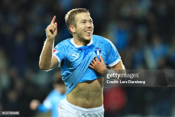 Anton Tinnerholm of Malmo FF celebrate his 5-0 goal during the Allsvenskan match between Malmo FF and IF Elfsborg at Swedbank Stadion on September...