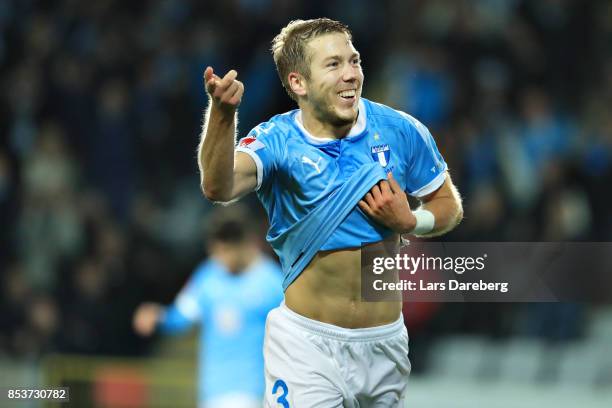 Anton Tinnerholm of Malmo FF celebrate his 5-0 goal during the Allsvenskan match between Malmo FF and IF Elfsborg at Swedbank Stadion on September...