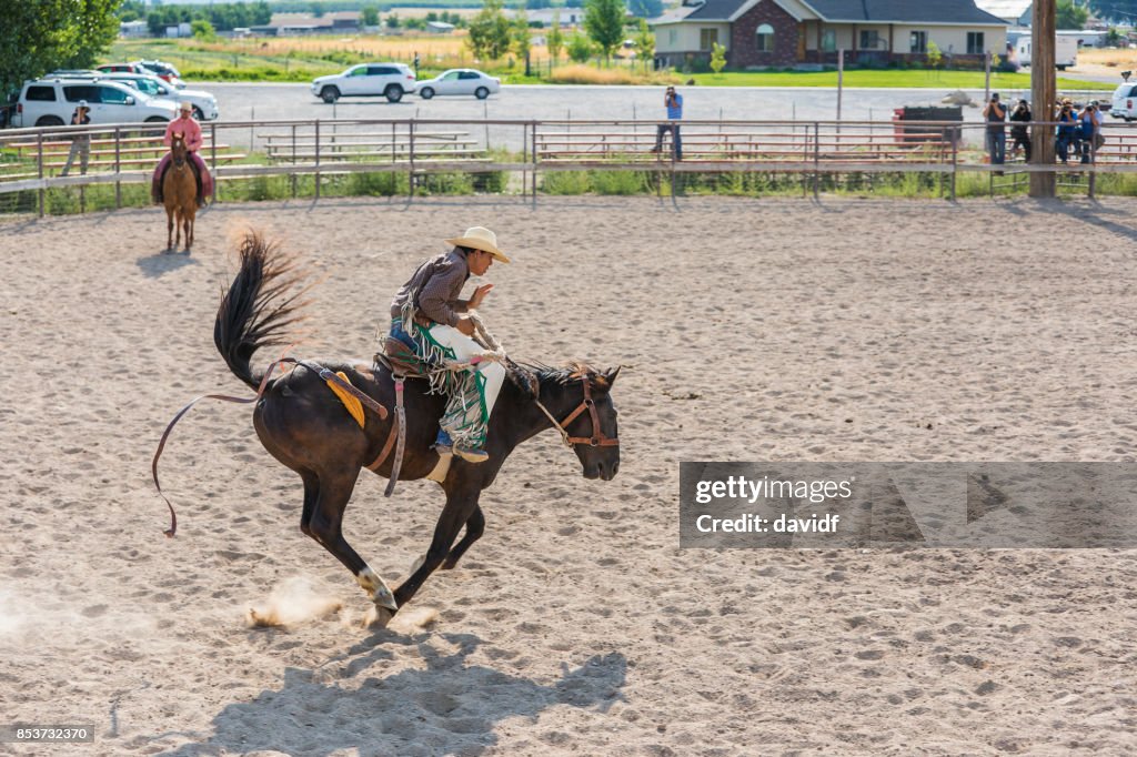 Cowboy Riding a Bucking Bronco at a Rodeo