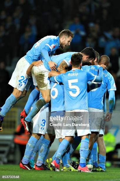 Malmo FF celebrate the 3-0 goal during the Allsvenskan match between Malmo FF and IF Elfsborg at Swedbank Stadion on September 25, 2017 in Malmo,...
