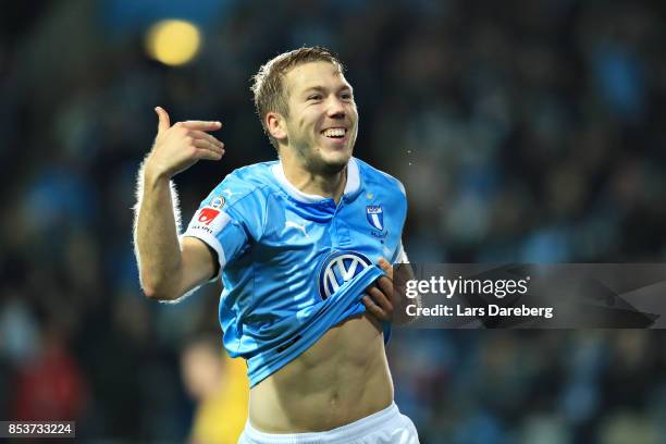 Anton Tinnerholm of Malmo FF celebrate his 5-0 goal during the Allsvenskan match between Malmo FF and IF Elfsborg at Swedbank Stadion on September...