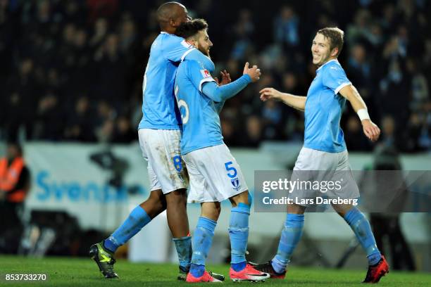 Erdal Rakip of Malmo FF celebrate his 4-0 goal during the Allsvenskan match between Malmo FF and IF Elfsborg at Swedbank Stadion on September 25,...