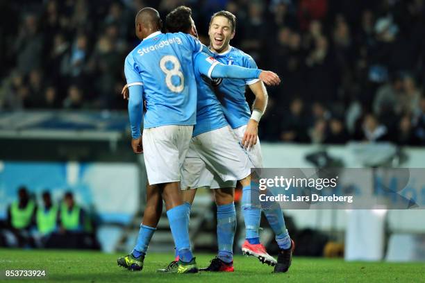 Erdal Rakip of Malmo FF celebrate his 4-0 goal during the Allsvenskan match between Malmo FF and IF Elfsborg at Swedbank Stadion on September 25,...