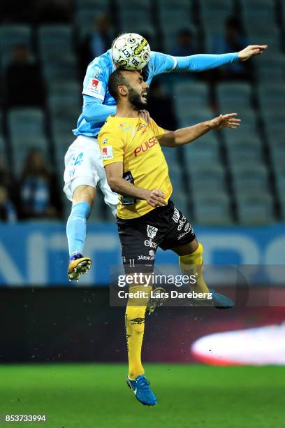 Lasse Nielsen of Malmo FF and Issam Jebali of IF Elfsborg during the Allsvenskan match between Malmo FF and IF Elfsborg at Swedbank Stadion on...