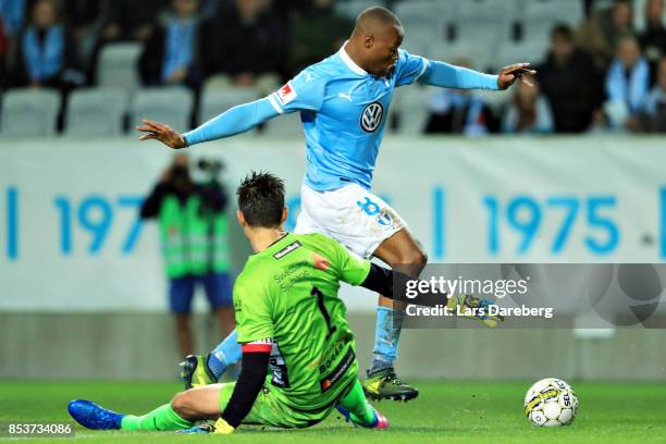 Carlos Strandbergof Malmo FF and Kevin Stuhr-Ellegaard, goalkeeper of IF Elfsborg during the Allsvenskan match between Malmo FF and IF Elfsborg at...