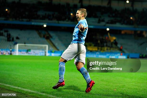 Anton Tinnerholm of Malmo FF celebrate his 6-0 goal during the Allsvenskan match between Malmo FF and IF Elfsborg at Swedbank Stadion on September...