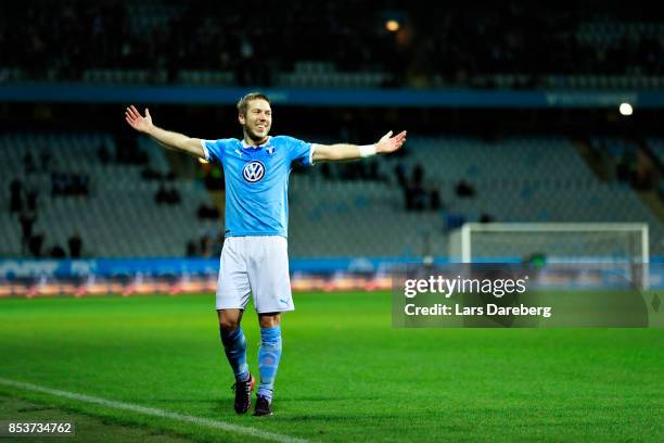 Anton Tinnerholm of Malmo FF celebrate his 6-0 goal during the Allsvenskan match between Malmo FF and IF Elfsborg at Swedbank Stadion on September...