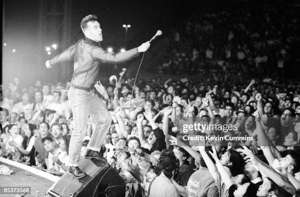 English singer and lyricist Morrissey performing at Jones Beach, Long Island, New York, during his 'Kill Uncle' tour, 10th July 1991.