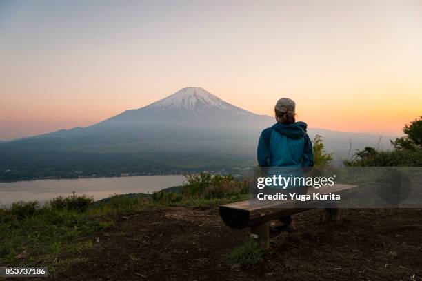 hiker gazing at mt. fuji from a surrounding mountain - observation point fotografías e imágenes de stock