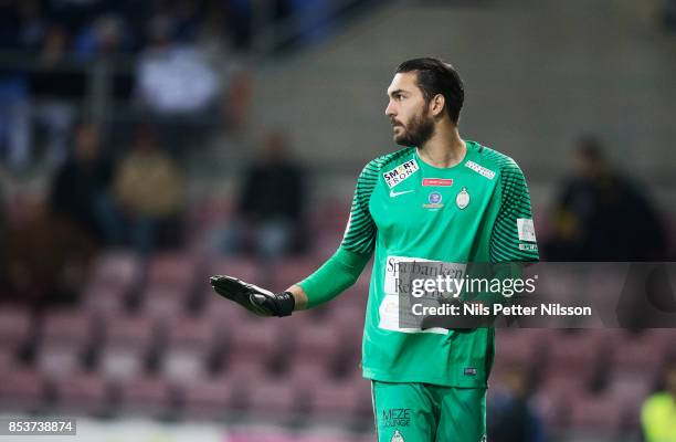 Alireza Haghighi, goalkeeperof Athletic FC Eskilstuna during the Allsvenskan match between Athletic FC Eskilstuna and IFK Goteborg at Tunavallen on...