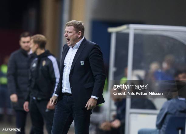 Alf Westerberg, head coach of IFK Goteborg during the Allsvenskan match between Athletic FC Eskilstuna and IFK Goteborg at Tunavallen on September...