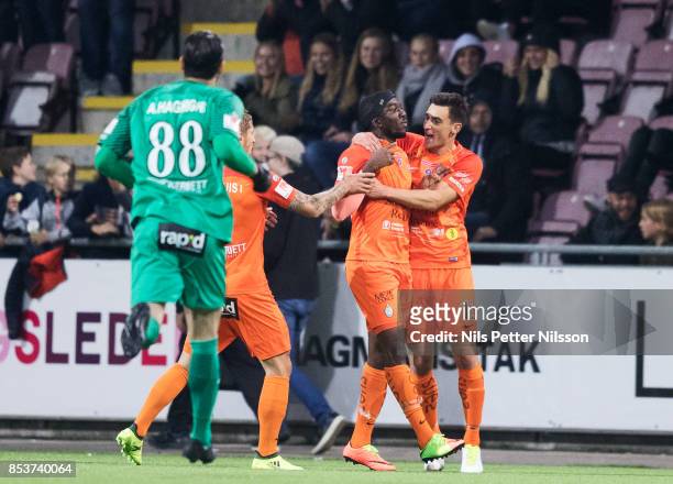 Chidi Dauda Omeje of Athletic FC Eskilstuna celebrates after scoring to 1-0 during the Allsvenskan match between Athletic FC Eskilstuna and IFK...
