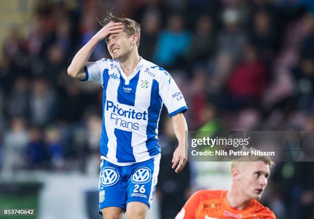 Patrik Karlsson Lagemyr of IFK Goteborg dejected during the Allsvenskan match between Athletic FC Eskilstuna and IFK Goteborg at Tunavallen on...