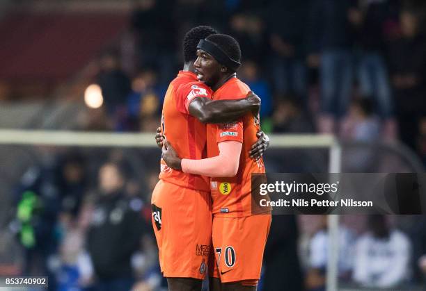 Chidi Dauda Omeje of Athletic FC Eskilstuna celebrates after the victory during the Allsvenskan match between Athletic FC Eskilstuna and IFK Goteborg...