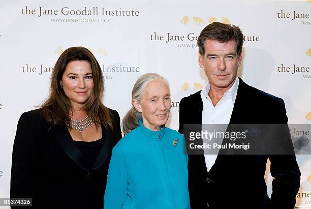 Keely Shaye Smith, Jane Goodall and Pierce Brosnan pose for a photo at the 2nd Annual Jane Goodall Institute Global Leadership Awards at the Ronald...