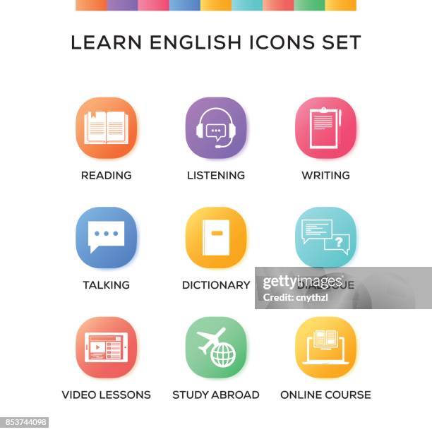lernen sie englisch icons set auf verlaufshintergrund - englisch unterricht stock-grafiken, -clipart, -cartoons und -symbole