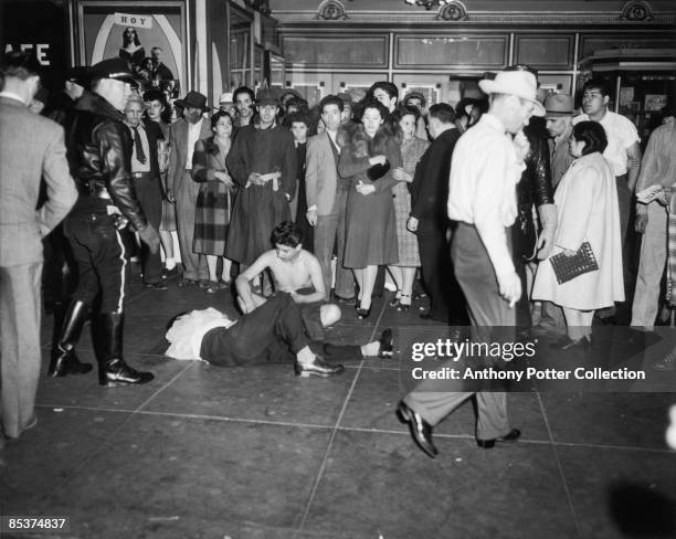 Two victims, one stripped, one badly beaten, of a gang of servicemen at a cinema in Los Angeles, California, during the Zoot Suit Riots, 7th June...