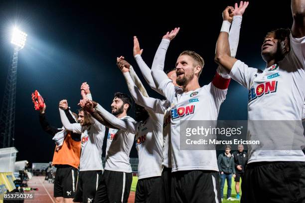 Martin Lorentzson of Orebro SK celebrates with teammates after the victory during the Allsvenskan match between IK Sirius FK and Orebro SK at...