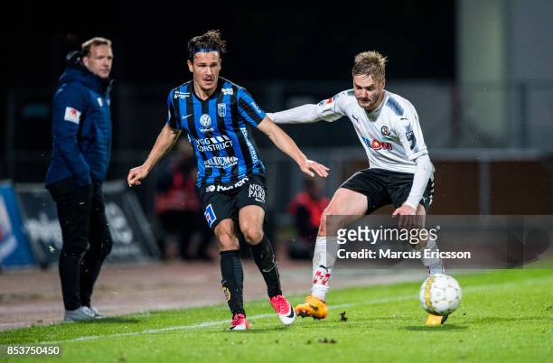 Stefano Vecchia of IK Sirius FK and Johan Martensson of Orebro SK during the Allsvenskan match between IK Sirius FK and Orebro SK at Studenternas IP...