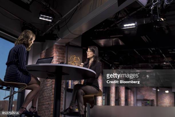 Ellen Pao, chief diversity and inclusion officer at the Kapor Center for Social Impact, right, speaks during a Bloomberg Television interview in San...