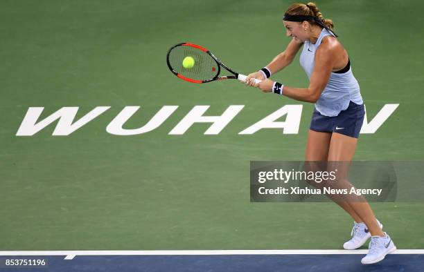 Sept. 25, 2017 : Petra Kvitova of Czech Republic returns the ball during the singles first round match against Peng Shuai of China at 2017 WTA Wuhan...