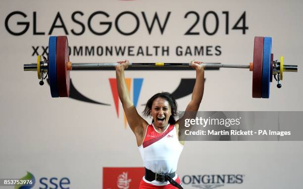 England's Zoe Smith celebrates winning the Womens 58kg Weightlifting, at the Clyde Auditorium during the 2014 Commonwealth Games in Glasgow.