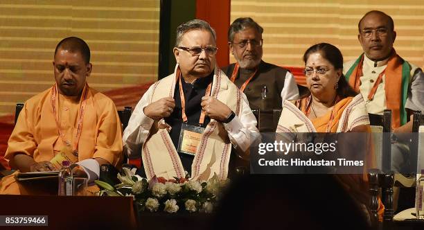 Yogi Adityanath, Chief Minister of Uttar Pradesh; Raman Singh, Chief Minister of Chhattisgarh; Vasundhara Raje, Chief Minister of Rajasthan, during...