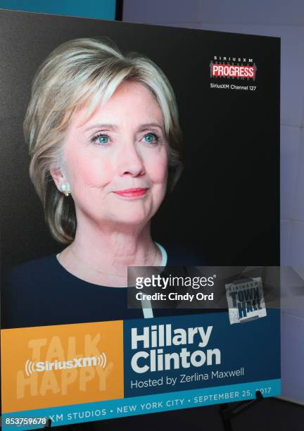 View of signage as Former Secretary of State Hillary Clinton joins SiriusXM for a town hall event hosted by Zerlina Maxwell at SiriusXM Studios on...