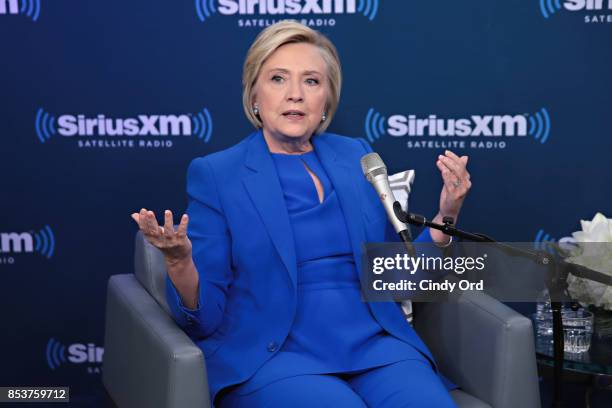 Former Secretary of State Hillary Clinton joins SiriusXM for a town hall event hosted by Zerlina Maxwell at SiriusXM Studios on September 25, 2017 in...