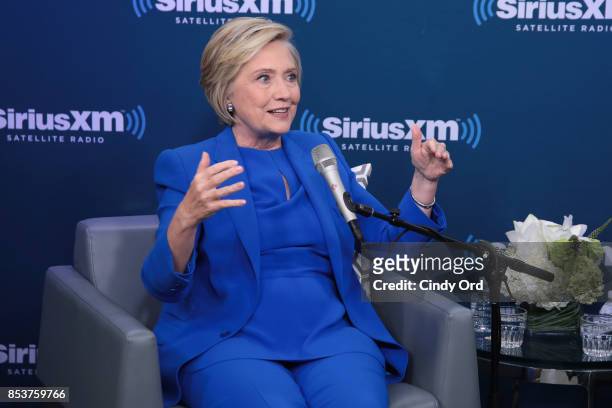 Former Secretary of State Hillary Clinton joins SiriusXM for a town hall event hosted by Zerlina Maxwell at SiriusXM Studios on September 25, 2017 in...