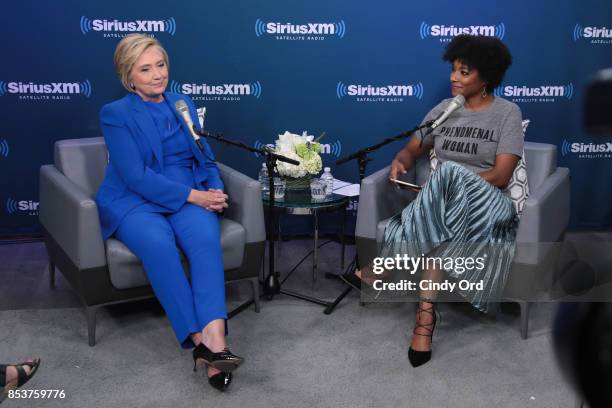 Former Secretary of State Hillary Clinton joins SiriusXM for a town hall event hosted by Zerlina Maxwell at SiriusXM Studios on September 25, 2017 in...