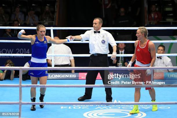 Australia's Shelley Watts celebrates her win against Northern Ireland's Alanna Audley-Murphy in the Women's Light Semi-final 1 at the SECC, during...