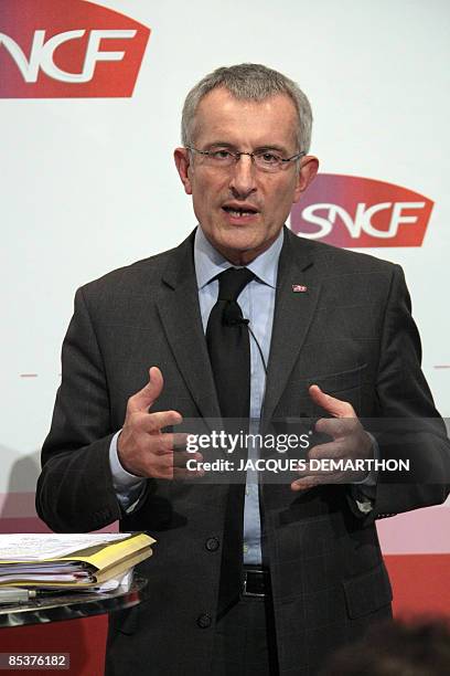 The chief executive officer of the French railway operator SNCF, Guillaume Pepy, gives a press conference on March 11, 2009 in Paris to announce...