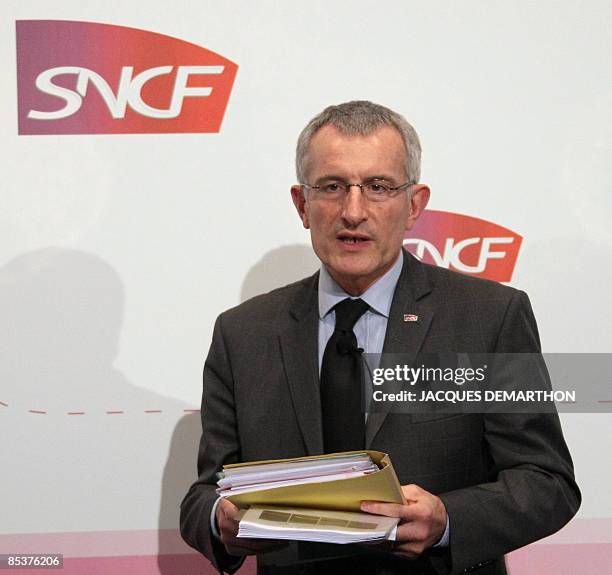 The chief executive officer of the French railway operator SNCF, Guillaume Pepy, gives a press conference on March 11, 2009 in Paris to announce...