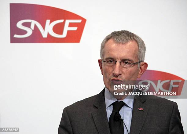 The chief executive officer of the French railway operator SNCF, Guillaume Pepy, gives a press conference on March 11, 2009 in Paris to announce...
