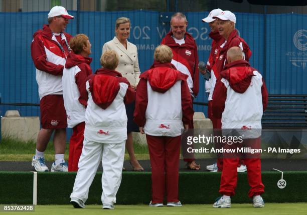 The Countess of Wessex chats English bowler Bob Love and his teammates practices at the Kelningrove Lawn Bowls Centre ahead of his Open Triples match...