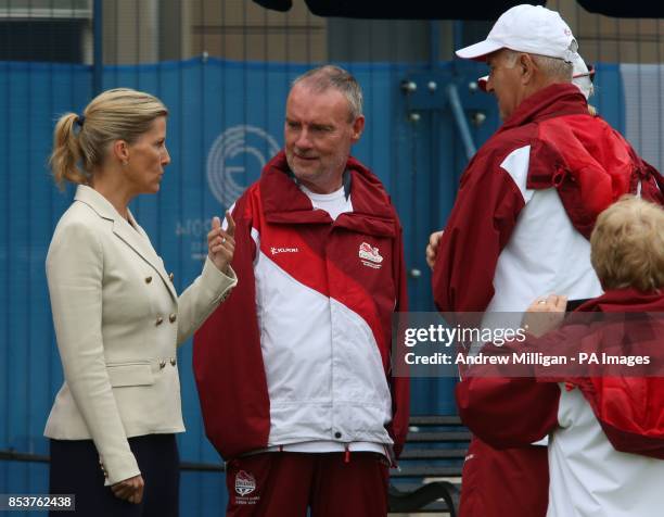 The Countess of Wessex chats English bowler Bob Love and his teammates practices at the Kelningrove Lawn Bowls Centre ahead of his Open Triples match...