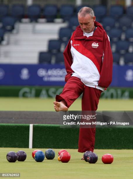 English bowler Bob Love practices at the Kelningrove Lawn Bowls Centre ahead of his Open Triples match tomorrow in the Para-Sport Open Triples...