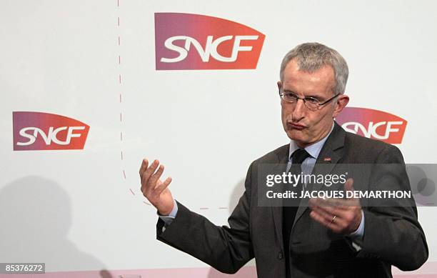 The chief executive officer of the French railway operator SNCF, Guillaume Pepy, gives a press conference on March 11, 2009 in Paris to announce...