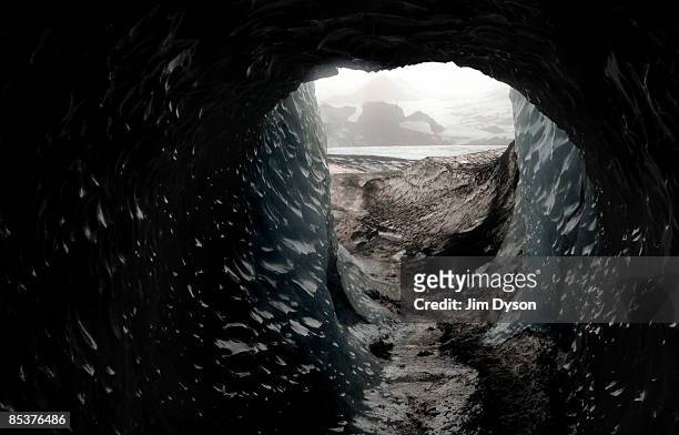 An ice cave on the Myrdalsjokull Glacier on February 20, 2009 in south Iceland. A country of glacial and volcanic geology, with a rich historic...