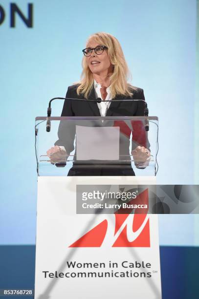 Actress Trudie Styler speaks onstage during the WICT Leadership Conference Touchstones Luncheon at Marriott Marquis Times Square on September 25,...