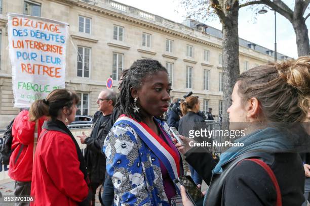 La France Insoumise leftist party member of Parliament Danièle Obono speaks with press during a rally rally to protest against 'permanent state of...