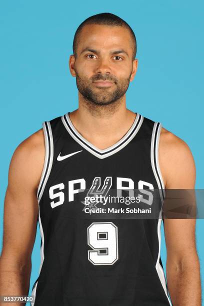 Tony Parker of the San Antonio Spurs poses for a head shot during media day in San Antonio, Texas at AT&T Center on September 25, 2017. NOTE TO USER:...